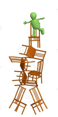 Puppet, balancing at top of a pyramid from chairs