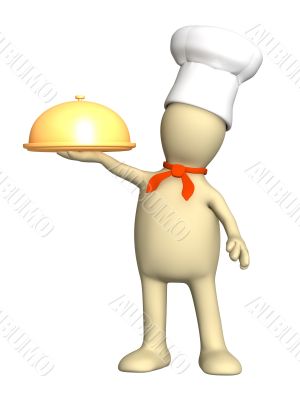 3d puppet - cook, holding in a hand a golden dish