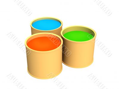 Three buckets with green, dark-blue and red paints