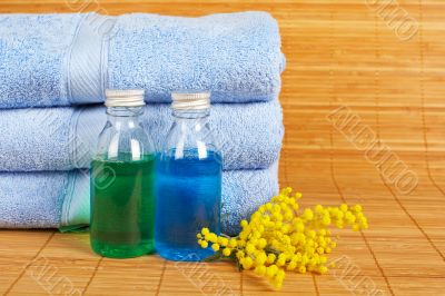 Towels and soap bottles