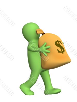 3d puppet, carrying in hands the big bag of money