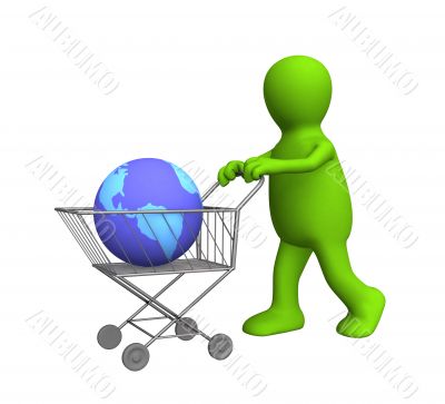 3d puppet, carrying the globe in a market basket