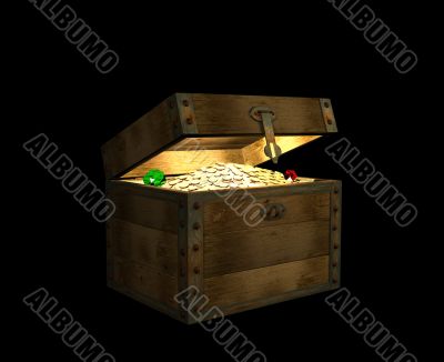 The open wooden 3d chest, filled with treasures