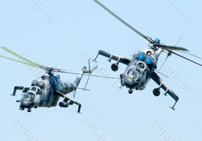Helicopters Mi-24 Gunship in flight.