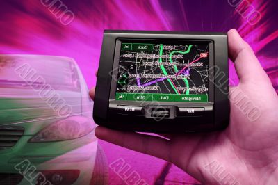 GPS Vehicle navigation system in a man hand.