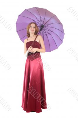 woman in red gown, with umbrella
