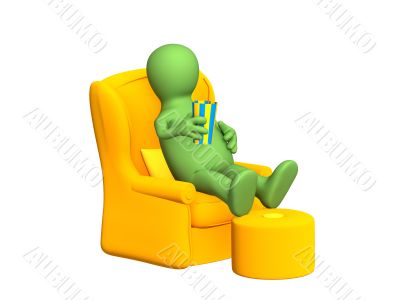  3d puppet, having a rest in a soft armchair