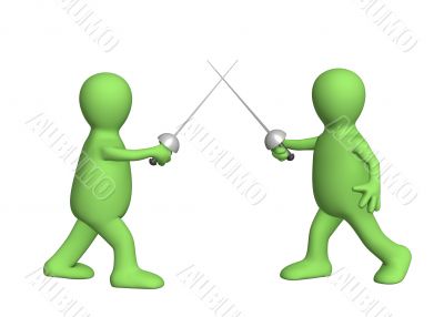 Two 3d persons - puppets, fencing swords