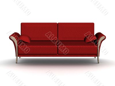 Red leather sofa. An interior. 3D image.