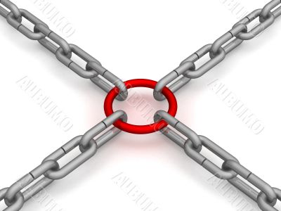 Chain fastened by a red ring. 3D image.