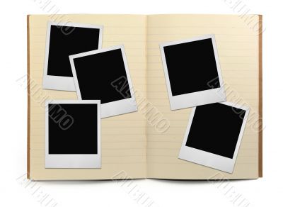 lined exercise book and photo frames