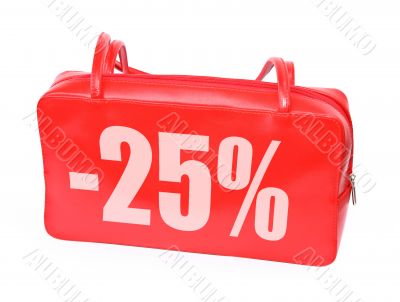 red leather handbag with sale sign