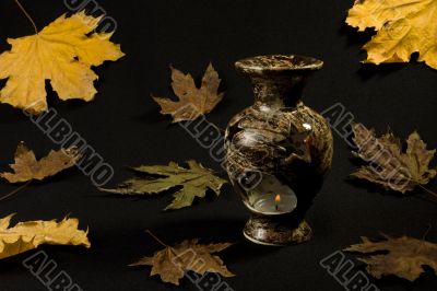 vase on a background of autumn leaves