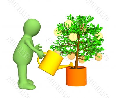 Gardener, watering a tree with growing gold coins