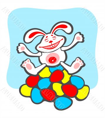 cheerful rabbit and easter eggs