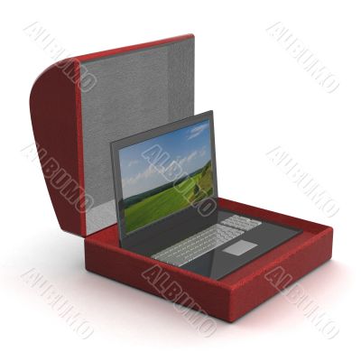 Laptop in a gift box. 3D image.
