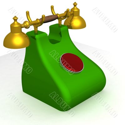 Old green phone with the red button. 3D image.
