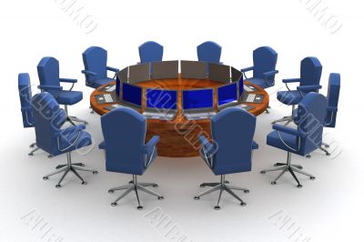 Twelve workplaces behind a round table. 3D image.