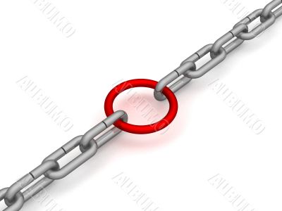 Chain fastened by a red ring. 3D image.