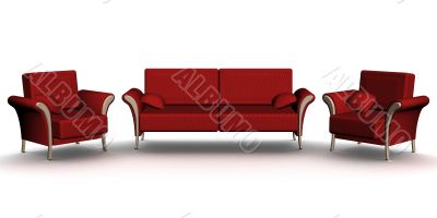 Red leather sofa and two armchairs. An interior. 3D image.