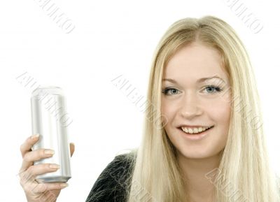 Young woman with can