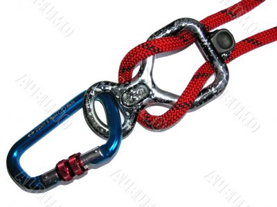 Figure Eight rappel device, carbine and rope
