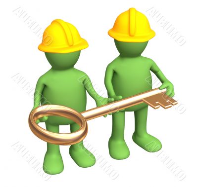 Builders - puppets, holding in hands a gold key Builders - puppets, holding in hands a gold key