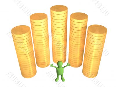 3d puppet, worth near to columns of gold coins