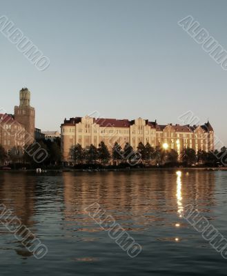 sunset on pond in centre of helsinki