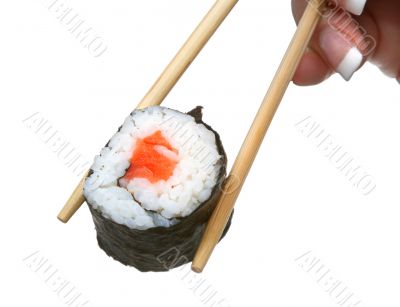 female hand holding sushi