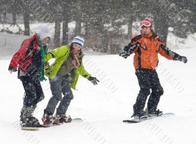 Happy snowboarding team, health lifestyle
