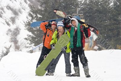 Happy snowboarding teams, health lifestyle