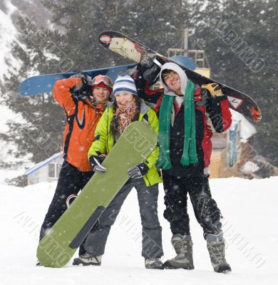 Happy snowboarding team, health lifestyle