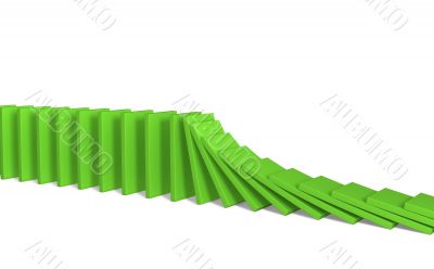 A line of green 3d falling figures of a dominoes