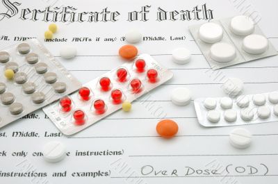 Certificate of death and pills. Certificate of death and pills.