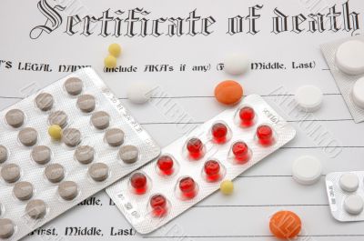 Certificate of death and pills. Certificate of death and pills.