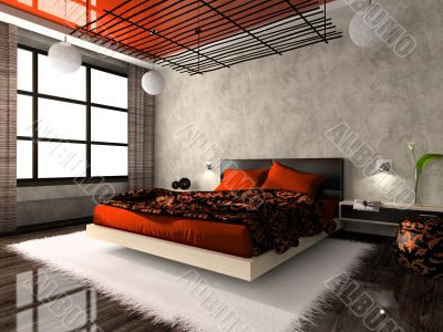 Luxurious interior of bedroom in red colour