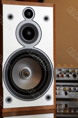 close-up of wooden hi-fi loudspeaker