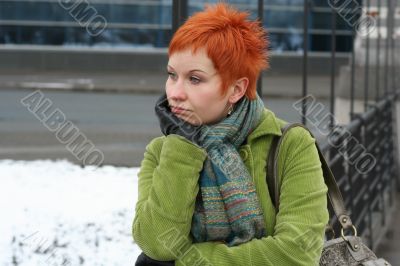 red-haired sad, lonely woman in depression and pensive feelings