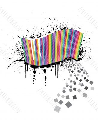 Rainbow wave full of colorful squares on an ink splatter design