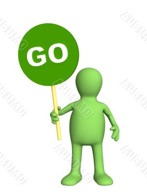 3d person - puppet, holding in a hand sign go 3d person - puppet, holding in a hand sign go