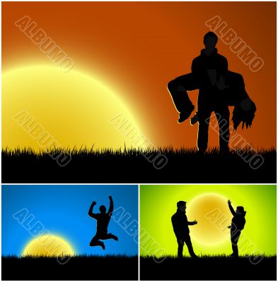 Three sunset silhouette backgrounds