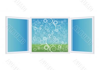 Open window illustration with spiral florals