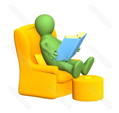 3d puppet, reading the book in a soft armchair