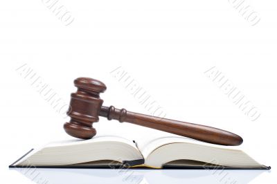 Wooden gavel and law book