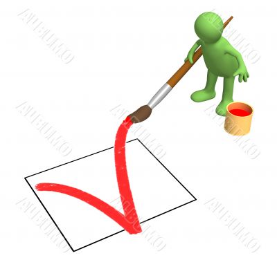 3d person - puppet, drawing in the document a tick 3d person - puppet, drawing in the document a tick