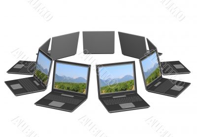 Nine 3d laptop, located around. Objects over white