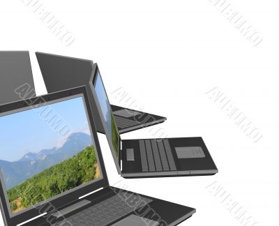 Four 3d laptop, located by a semicircle Four 3d laptop, located by a semicircle