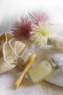 bath items on white towel