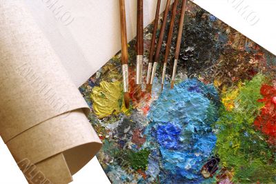 set for painting - canvas, palette, paintbrushes